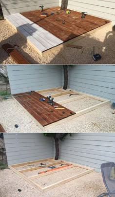 an outdoor table made out of pallets and wooden boards is shown in the process of being built