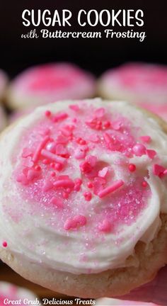 A close up photo of a sugar cookie with buttercream frosting and pink sprinkles. Molasses Frosting, Sugar Cookie Buttercream Frosting, Cookies With Butter, Sugar Cookies With Buttercream Frosting, Cookies With Buttercream Frosting, Mock Chicken, Mini Lemon Cheesecakes, Easy Buttercream Frosting, Pecan Cobbler