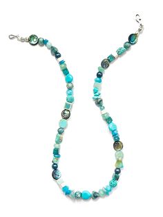 Organic Pattern, Green Hues, Painted Glass, Philadelphia Pa, Hook Eye, Multi Stone, Stone Necklace, Turquoise Blue, Aquamarine