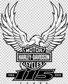 the harley davidson motorcycle logo is shown in black and white, with an eagle on top