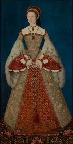 a painting of a woman wearing a red and gold dress with fur on the shoulders