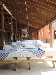 tables and benches are lined up under the roof