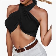 Questions? Leave A Comment Below! Black Halter Neck Crop Top With Built-in Bra, Black Backless Halter Top With Built-in Bra, Black Halter Top For Summer Clubbing, Summer Black Halter Top For Club, Black Halter Top For Club In Summer, Black Halter Top For Club And Summer, Solid Color Crop Top Halter For Night Out, Chic Cross-tied Crop Top For Night Out, Black Stretch Halter Neck Crop Top