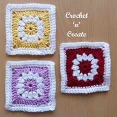 three crocheted squares with flowers on them