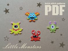 four little monsters made out of perler beads on a gray background with the words brick stitch patterns pop