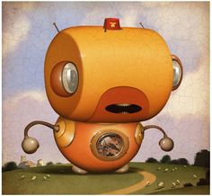 an orange robot standing on top of a field next to a forest and sky with clouds in the background