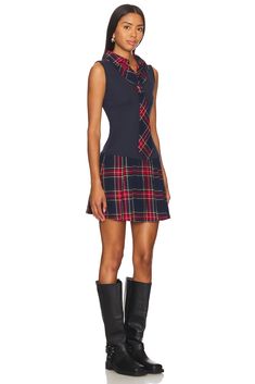 100% cotton.  Made in China.  Machine wash.  Unlined.  Attached tie detail.  .  .  Shoulder seam to hem measures approx 33.5" in length.  .  .  .  .  .  .  .  . Preppy Cotton Dress For Fall, Made In China, Plaid, China, Navy