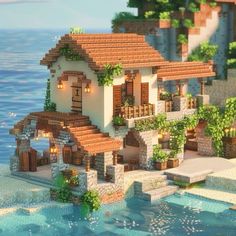 European Minecraft House, Minecraft Water Garden, Minecraft Greece Builds, Minecraft Houses Beach House, Lake Side House Minecraft, Italian Minecraft Builds, Coastal House Minecraft, Lakeside Minecraft House, Beach Houses Minecraft