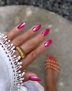 Magenta Nails, Pink Chrome Nails, Chrome Nails Designs, Colorful Nails, Summery Nails, Metallic Nails, Funky Nails, Pretty Acrylic Nails, Chic Nails