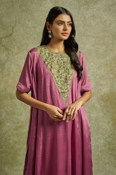 Pink one piece dress with contrasting kashmiri aari embroidery on yoke. - Aza Fashions Pink Chanderi Dress With Intricate Embroidery, Eid Dress With Intricate Embroidery In Raw Silk, Eid Raw Silk Dress With Intricate Embroidery, Traditional Anarkali Set With Embroidered Neckline For Eid, Eid Anarkali Set With Embroidered Neckline, Traditional Eid Anarkali Set With Embroidered Neckline, Transitional Reception Dress With Resham Embroidery, Wedding Tunic Dress With Intricate Embroidery, Intricate Embroidery Tunic Wedding Dress