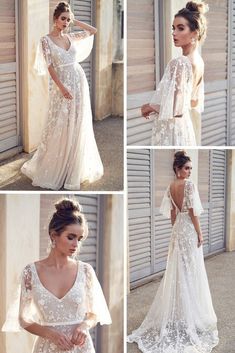 four different pictures of a woman wearing a wedding dress with long sleeves and an open back