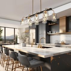 a modern kitchen with marble counter tops and gold accents, along with bar stools