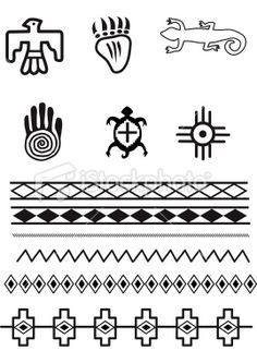 an assortment of native american symbols and designs in black and white on a white background