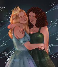 two women in dresses hugging each other with stars on the night sky behind them, one wearing a tiara