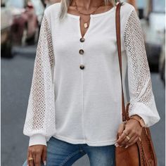 New White Notch Neck Contrast Lace Bishop Sleeve Top Armpit To Armpit 19.1” M,6 Length 24.8” Armpit To Armpit 19.9” L,8, 10 Length 25.2” Fake Button Detail 100% Polyester Spring Summer Spring Fall Luxury Ladies Women’s Wear Winter All Season Shirts & Blouses Jersey Tops Party Day Going Out Shirts White Accessories Dress Style Cocktail Sleeves Cardigan Pair With Sweater Preppy Sexy Hot Boho Trendy Vogue Posh Sassy Girly Date Night Elegant Dressy Fashionable Chic Tomboy Simple Bold Fun Classy Offi Lace Tops For Women Classy, Lace Tops For Women, Contrast Lace Top, Classy Office, Pineapple Clothes, Sweater Preppy, Jersey Tops, Going Out Shirts, Lace Sleeve Top