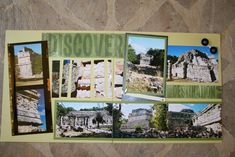 several pictures of ancient ruins are displayed on a table top with the words discovery written in green