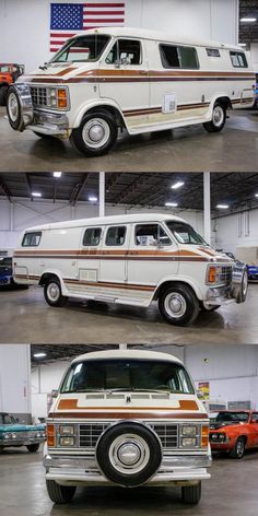 an old station wagon is parked in a garage with american flags on the wall behind it