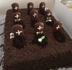 a cake with chocolate frosting and white crosses on it