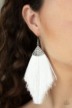 Tassel Tempo - White Shiny white thread fans out from the bottom of a hammered silver fitting, creating a tapered fringe. Earring attaches to a standard fishhook fitting. Sold as one pair of earrings. Tapered Fringe, Paparazzi Earrings, White Tassel Earrings, Trendy Fringe, Fringe Earring, Ball Necklace, Hammered Gold, Paparazzi Accessories, White Rhinestone