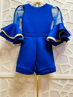 Royal Blue Jumpsuit Romper Pageant Outfit Girls Neoprene | Etsy Spring Party Bubble Romper With Ruffles, Fitted Bubble Romper For Spring Party, Fitted Blue Bubble Romper For Spring, Blue Fitted Bubble Romper For Spring, Spring Fitted Blue Bubble Romper, Trendy Ruffled Jumpsuits And Rompers For Parties, Blue Trendy Jumpsuits And Rompers For Party, Fun Fashion Pageant Outfit, Royal Blue Jumpsuit