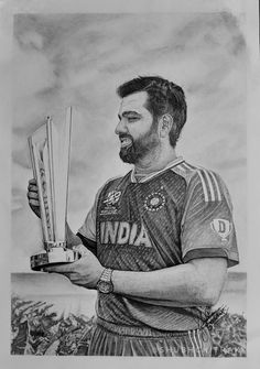 a pencil drawing of a man holding a cricket bat in his right hand and smiling at the camera