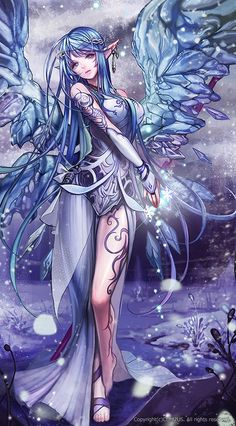 a woman with blue hair and wings standing in front of a sky filled with stars