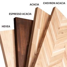 wood veneers are labeled in spanish and english, including chevron acacia, espresso laccacia, heve, and cherry