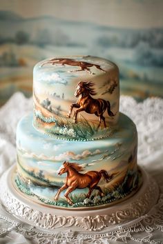 Horses at Dawn: Stunning Cake Design for Nature Lovers Equestrian Cake Ideas, Horse Cakes Birthday, Cowgirl Cake Ideas, Equestrian Cake, Horse Themed Cake, Carolina Marie