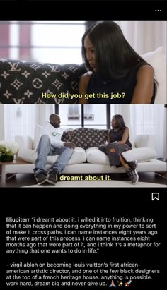 two people sitting on a couch with the caption how did you get this job?