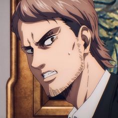 an anime character with brown hair and blue eyes looking at something in front of him