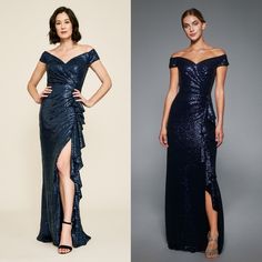 two women in evening gowns, one wearing an off shoulder dress and the other with high slit