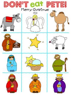 Don't Eat Pete - Nativity version FREE PRINTABLE Nativity Bingo Printable Free, Xmas Gift Exchange, Bingo Printable Free, Busy Drawing, Clubhouse Ideas, Christmas Sunday School, Drawing Family, Children Ministry, Christmas Learning