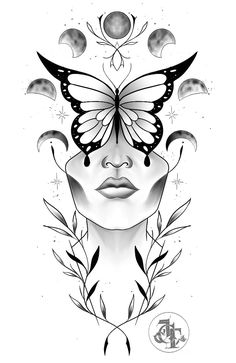 a drawing of a woman's face with butterflies on her head and moon phases in the background