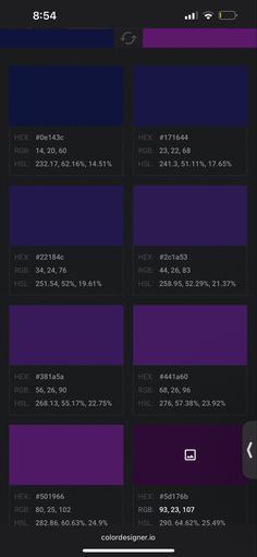 an iphone screen showing the color scheme for different colors and font options, including purple