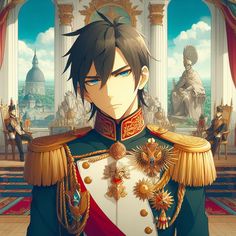 an anime character in uniform standing in front of a building with columns and statues behind him