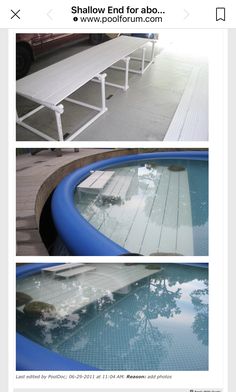 an advertisement for a swimming pool in the middle of two different pictures, one with a bench on it