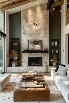 a living room filled with lots of furniture and a fire place in the middle of it