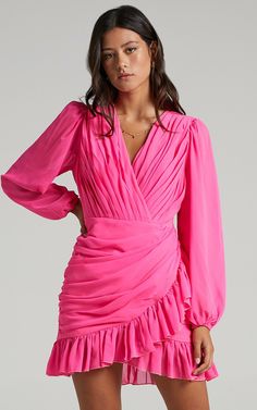 Can I Be Your Honey Plunge Balloon Sleeve Mini Dress in Hot Pink | Showpo USA Honey Dress, Honey Pink, 19th Birthday, Balloon Sleeve Dress, Pink Ruffle, Womens Tie, Long Sleeve Mini, Mini Dress With Sleeves, Chiffon Fabric