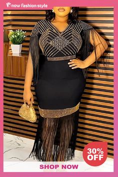 knowfashionstyle Black V-neckline Fringe Trim Geometric Gold Hot Drill Waist with Belted Fringe Hem Bodycon Plus Size Cocktail Party Maxi Dress Plus Size Glamour, Gold Dress Formal, Bodycon Plus Size, Bodycon Dress Formal, Party Maxi Dress, Party Gown, Maxi Dress Online, Fringe Dress, Plus Size Maxi