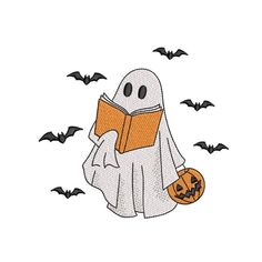 a ghost reading a book while bats fly around it in the sky, with an orange pumpkin on its chest