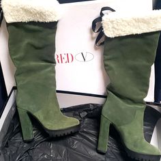 Brand New In Box With Shoe Bag To Protect. These Are The Only Boots You Will Need. Green Suede, High Heel, Lug Sole, White Shirling Inside To Keep You Warm, Patent Leather Accent Up The Back Of The Shaft With Black Bow Accent. Super Cool, Super Hot Designer High Heel Boots For Winter, Designer Winter High Heeled Boots, Red Valentino Shoes, Otk Boots, Valentino Black, Black Suede Boots, Green Suede, Red Valentino, Black Bow