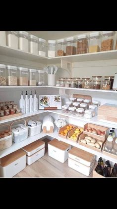 an organized pantry with lots of food and condiments on the shelves in it