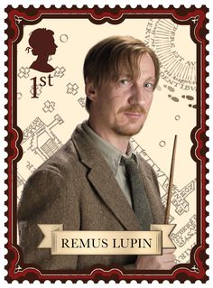 a man in a suit and tie holding a stick with the words remus lupin on it