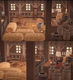 four pictures of the inside of a barn with hay bales and other things in it