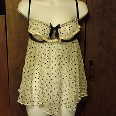 Nwt - Victoria Secrets - White Sheer Polka Dot Baby Doll - 36b Peek-A-Boo Breast Area Has A Layer Of Ruffle That Lifts Up Easily Yet Also Partially Conceals, Under Wire, Pink Satin Ribbon At Breast Area And A Large Black Satin Bow In Center. Back Has Bra Closure, Adjustable Straps. The Fabric Is A White Sheer Netting With Black Polka Dots, The Back Is Solid White. It's Soft Not At All Itchy. Size Says 36b But I Am A 38dd And It Fits. You Have Plenty Of Room For Cup Area Cause There Really Isn't Doll Like Outfits, Victoria Secret Lenceria, Baby Doll Nightgown, Princess Lingerie, Burlesque Bra, Black Satin Slip Dress, Pink Lace Bodysuit, Victoria Secret Slip Dress, Yellow Lingerie