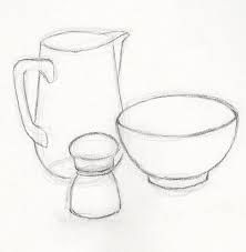 a drawing of a pitcher and bowl next to each other