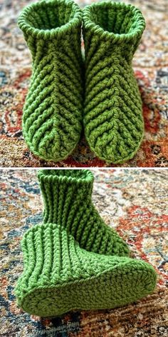 two pictures of green knitted shoes on top of a rug and bottom view of the boot