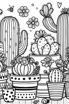 cactuses and cacti in pots with flowers on the table coloring page for adults