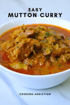 a white bowl filled with meat and vegetables next to the words easy mutton curry