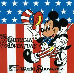 an advertisement for mickey mouse's american adventure in front of the american flag and stars